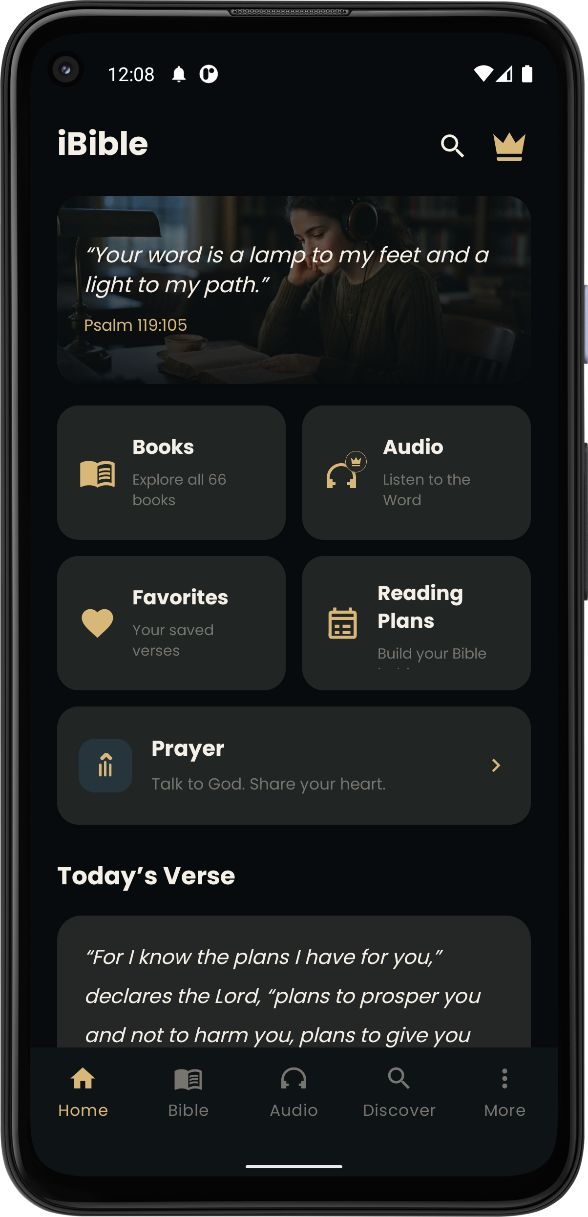 Screenshot of the iBible app home screen, showing Bible books, audio, favorites, reading plans, prayer, and today's verse