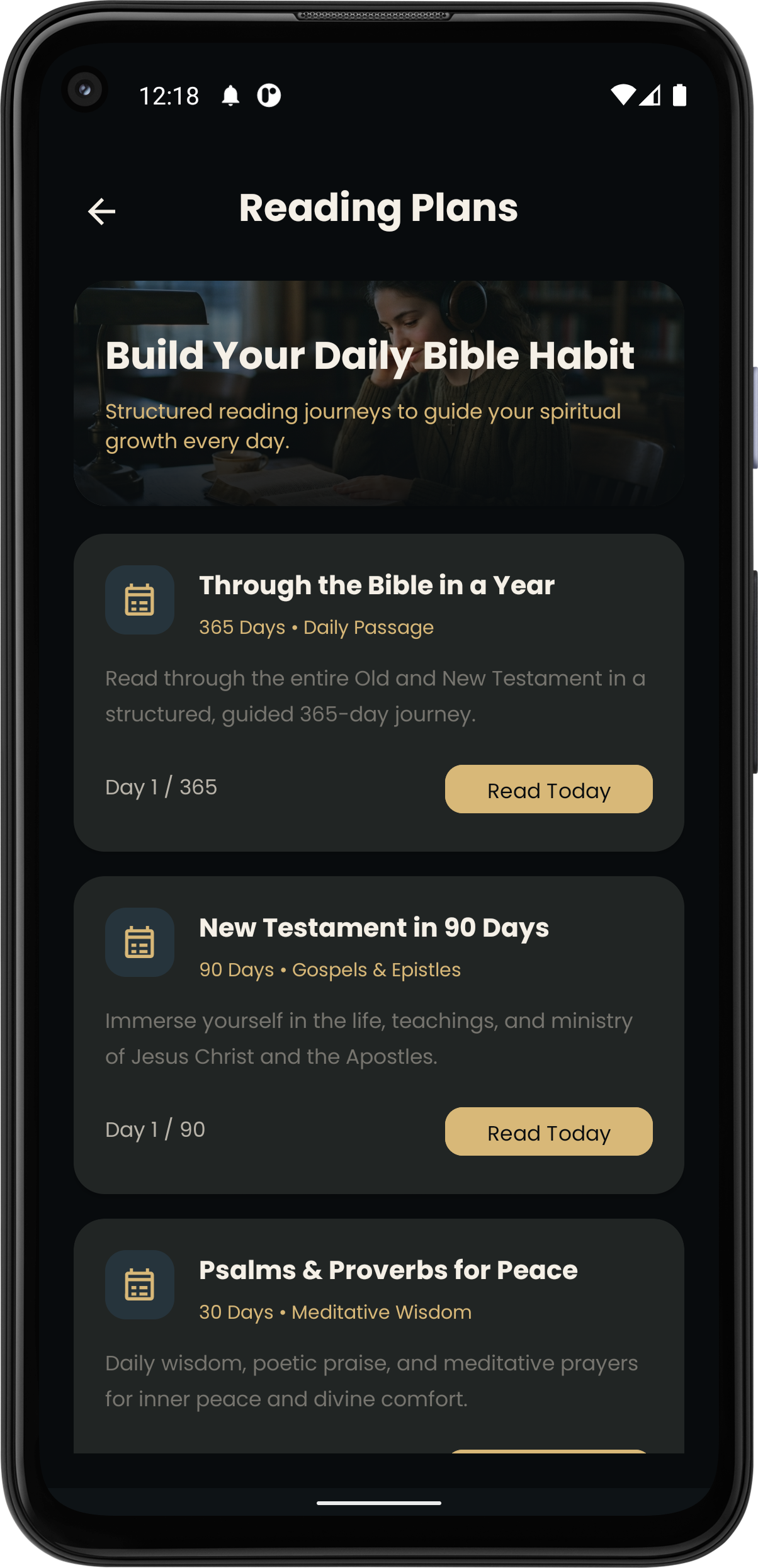 iBible Reading Plans screen showing guided Bible reading plans and daily passages