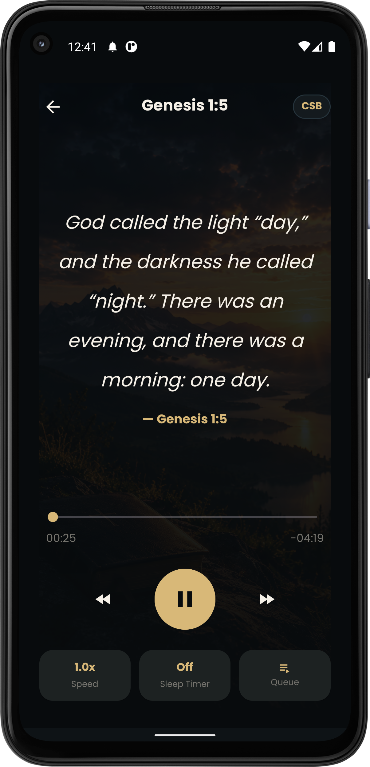 iBible audio player showing a scripture passage with playback, speed, sleep timer, and queue controls